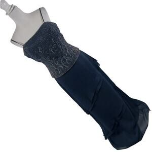 CAMERON BLAKE! NAVY BLUE CHIFFON LAYERED, BEADED/EMBROIDERED BODICE DRESS! SZ 12